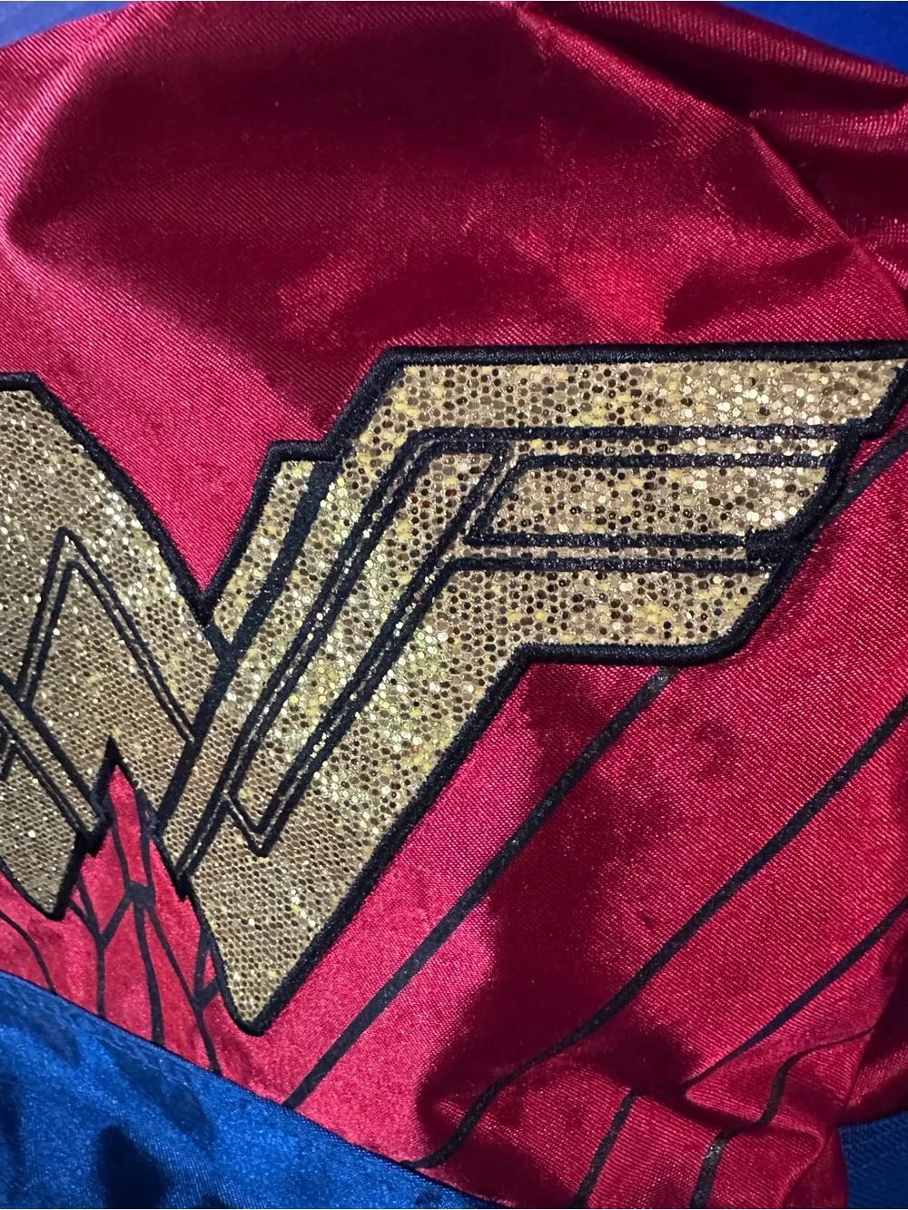 DC Comics Wonder Woman Super Hero Red & Blue Glitter Logo Backpack Adj Straps